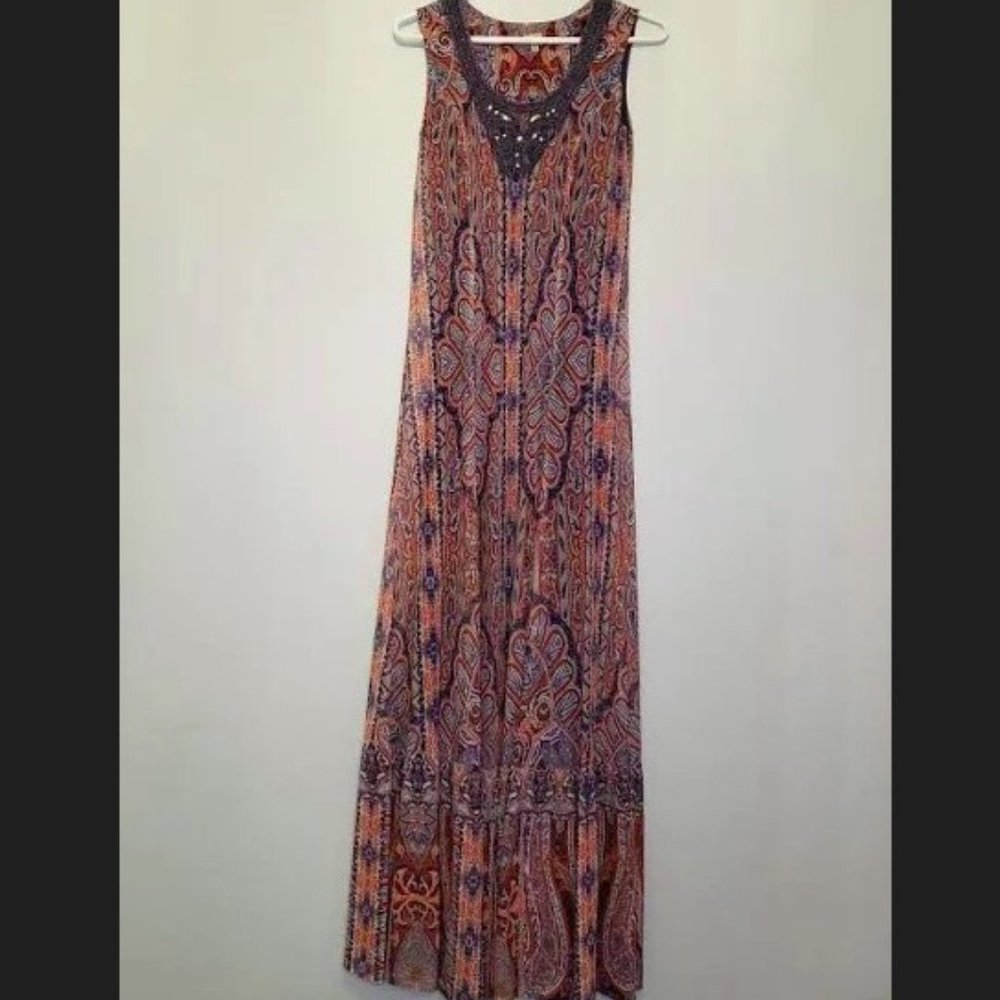 NWT REBA Boho Long Beaded Dress, multicolor, sleevless, Size L
